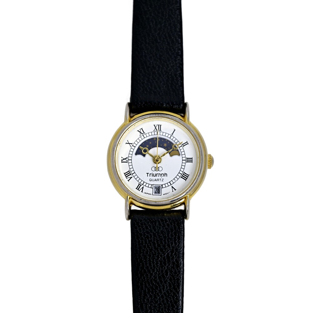 Triumph Ladies Vintage 90's Quartz Gold Two Tone Sun Moon Dial White Dial Watch